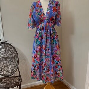 Johnny Was Jade  Lavender Floral Midi Dress with Pink & Green Accents S